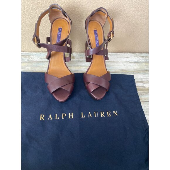 Ralph Lauren Collection Burgundy Leather Crisscross Strap Heels Sandals Sz 39 - Picture 2 of 15